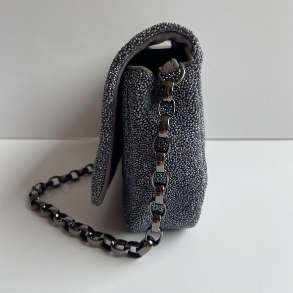 VINTAGE MAX MARA MADE IN ITALY METALLIC EVENING BAG BEADED SILVER GUN METAL - Picture 4 of 12